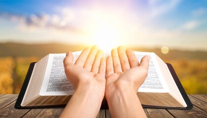 Praying hands on Holy Bible, spiritual devotion, religious faith concept, close-up hands in prayer over scripture, Christian worship, hope, trust in God, peaceful meditation, biblical connection