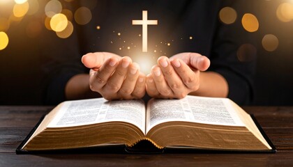 Praying hands on Holy Bible, spiritual devotion, religious faith concept, close-up hands in prayer over scripture, Christian worship, hope, trust in God, peaceful meditation, biblical connection