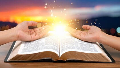 Praying hands on Holy Bible, spiritual devotion, religious faith concept, close-up hands in prayer over scripture, Christian worship, hope, trust in God, peaceful meditation, biblical connection