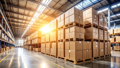 Warehouse storage with stacked boxes.