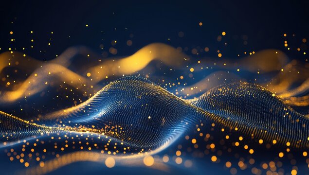 Abstract digital waves of blue and gold particles