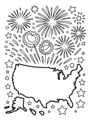 Fireworks Bursting Over USA Map Silhouette with Scattered Stars Coloring Page