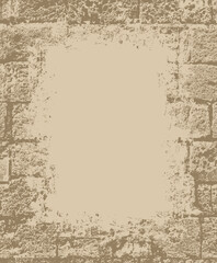 Vector banner frame or background with beige brick wall, stone and space for text or inscription. Old, broken, chipped shell rock with holes. Suitable for diploma, certificate, gravestone and memorial