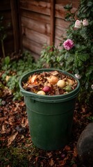 A compost bin filled with food scraps and dry leaves in a garden corner