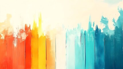 Abstract painting with vertical brushstrokes transitioning from warm reds and oranges to cool blues and greens