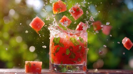 Splashing watermelon drink with mint and ice – refreshing summer beverage concept for food and drink advertisements and menus