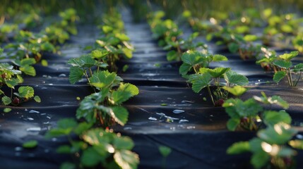 Strawberry plants growing in rows with irrigation – modern agricultural practice image for farming and horticulture editorials