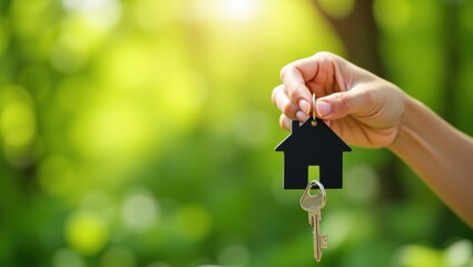 A hand holding house keys in a natural setting.