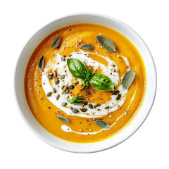 Portion of gourmet pumpkin soup puree with cream [Transparent Background PNG].