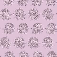 Pattern with graphic linear hand drawn rowan branches with  leaves and berries. Endless vecor texture on light violet background. Print for textile, women's wear, cushions, home textile, color page