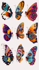 Vibrant, colorful butterflies with intricate wing patterns displayed in a 3x3 grid against a light background