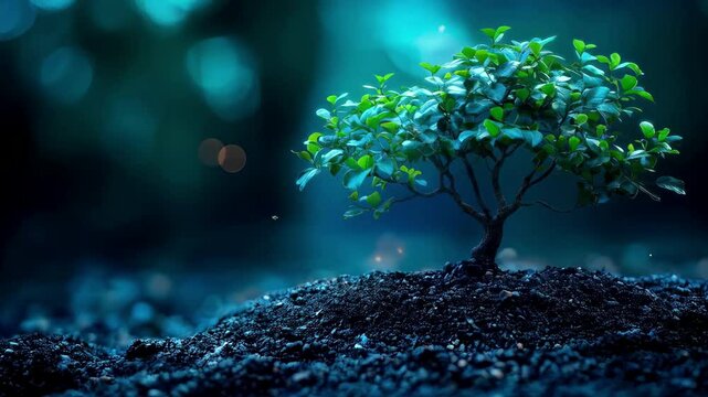 Enchanting growth of magical tree sprouting amidst glowing night environment