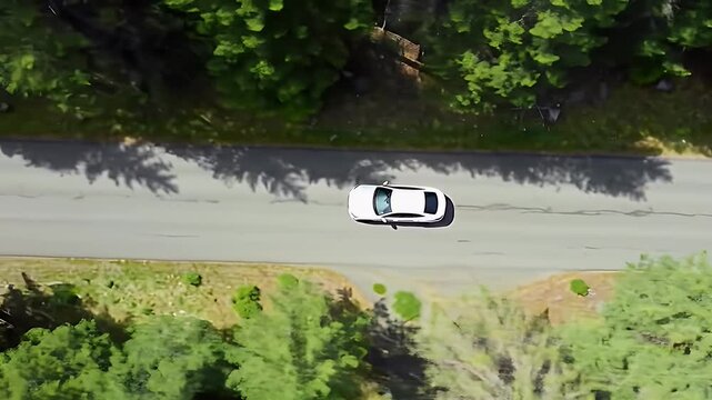 Generate a cinematic aerial drone shot of a modern white sedan car driving smoothly along a narrow, winding country road surrounded by a dense forest of tall green pine trees.