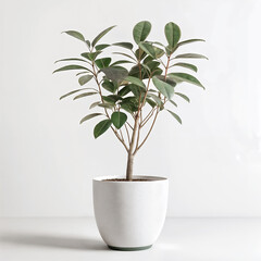Ficus microcarpa plant in a white pot isolated on white background, a beautiful indoor plant