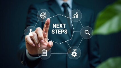 A hand points to a graphic display of next steps.