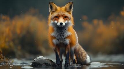 Fototapeta premium Fox Standing Boldly on Stones Over Flowing River Current
