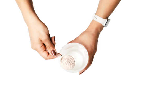 Woman's hands with measuring spoon puts portion of whey protein powder into a shaker, making protein drink cocktail, isolated on transparent background, top view - Powered by Adobe