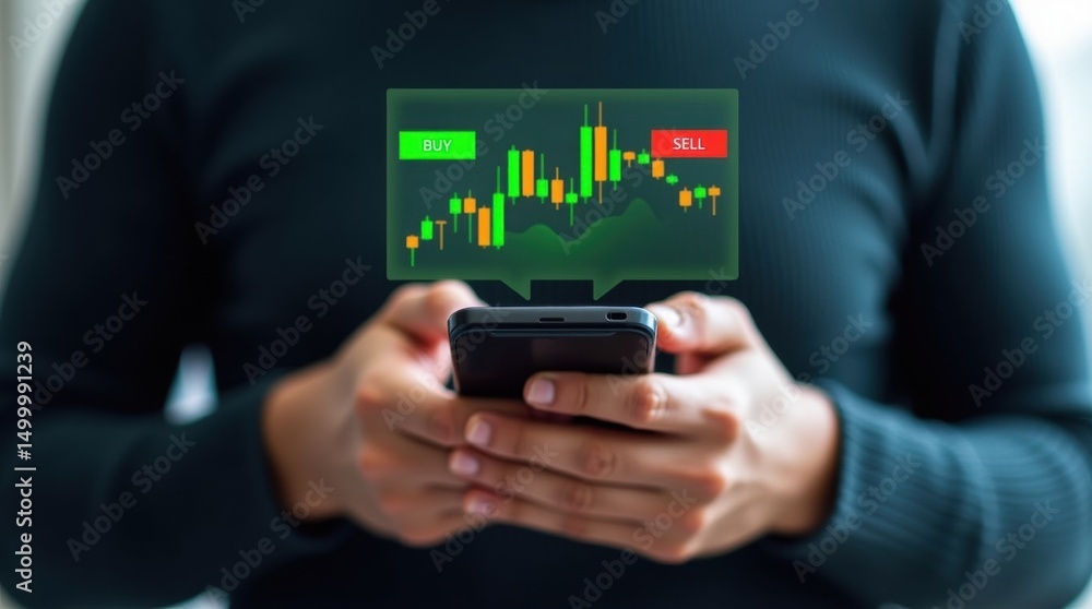 Poster smartphone displaying financial data with buy and sell indicators.