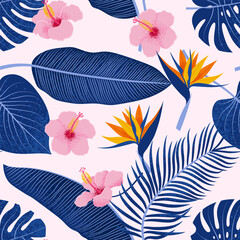 Tropical Leaves and Hibiscus, and Strelitzia Flowers seamless pattern. Summer background. Vector illustration in retro flat style