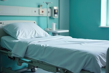 Empty hospital bed, crisp white linens, ready for patient , pillow, emergency room