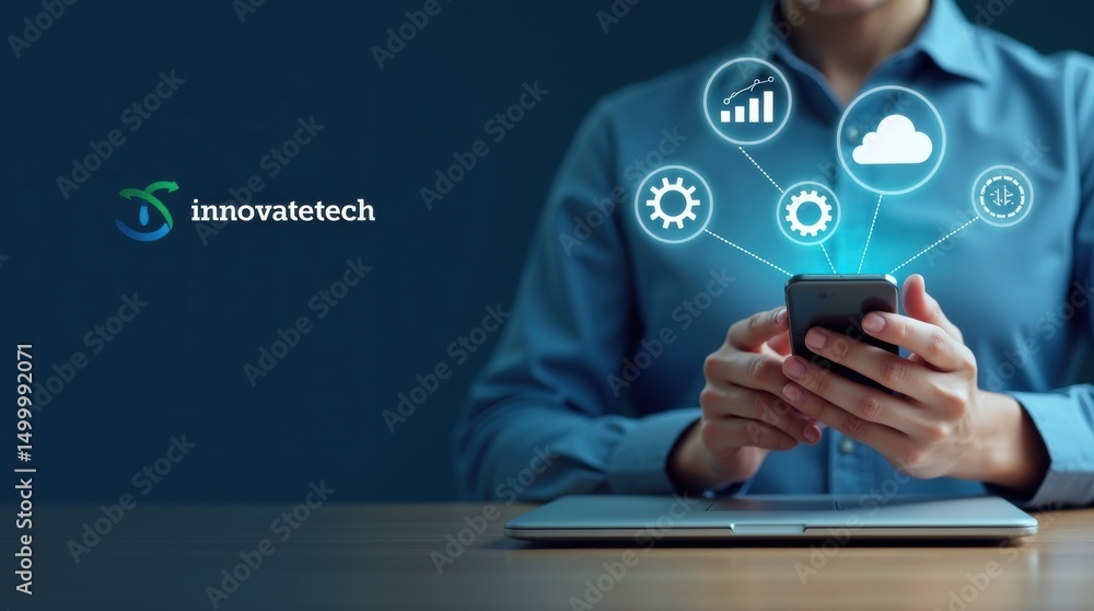 Poster person using a smartphone with digital interface overlays.