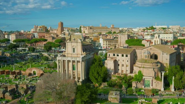 View of the Roman Forum from Palatine Hill at sunny day. Rome, Italy