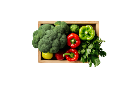 Fresh organic vegetables in wooden crate isolated on a white background, Png Transparent Background