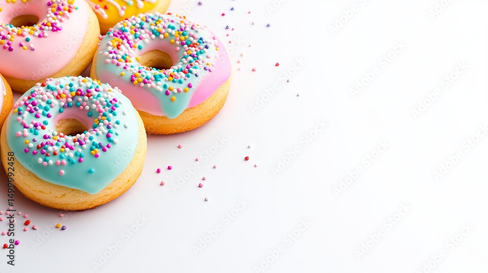 Poster sprinkled donuts with colorful icing are presented on a white surface, scattered with additional spr