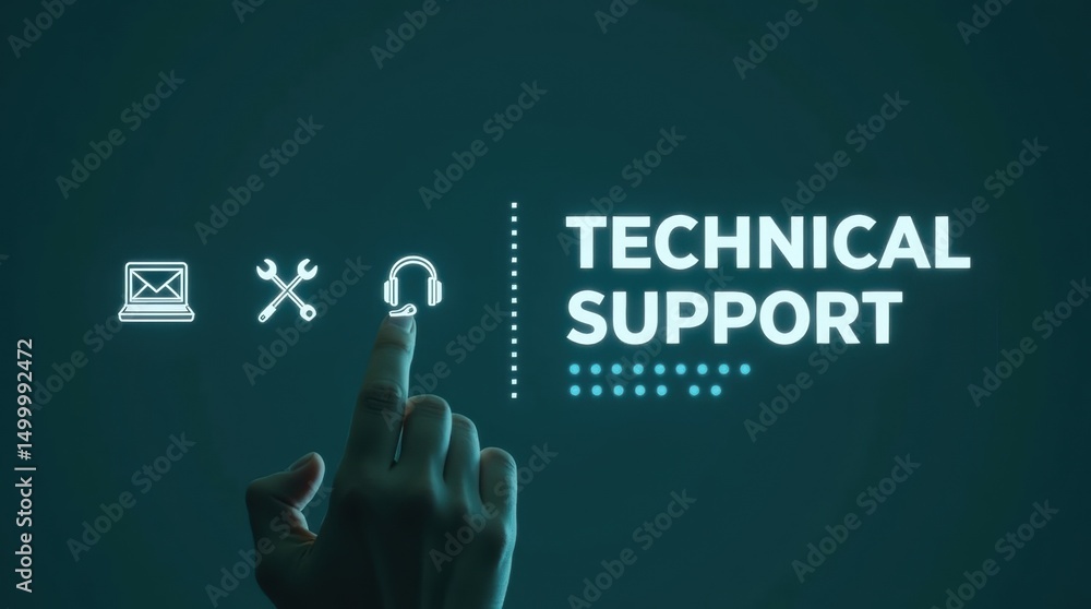 Poster hand touching a technical support interface.