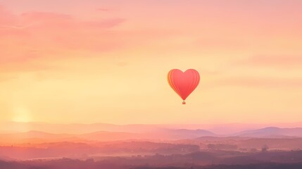 Obraz premium Romantic sunrise scene with a heart shaped hot air balloon soaring over a misty landscape. Concept of love, adventure, freedom, and dreams.