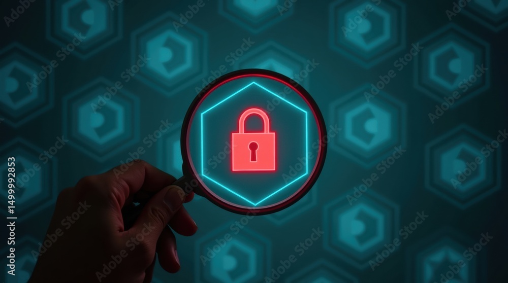 Poster magnifying glass highlighting a red security lock icon on a teal honeycomb pattern.