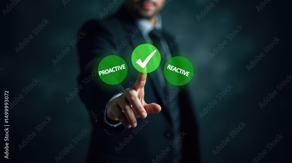 Poster a person selecting proactive action on a digital interface.