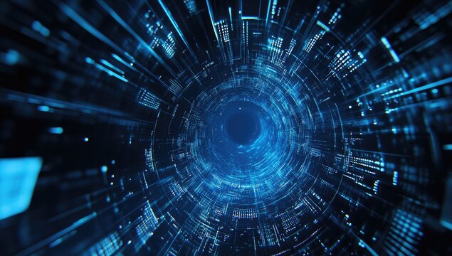Digital tunnel with swirling, light blue data streams - Powered by Adobe