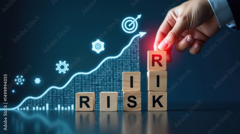 Poster wooden blocks spelling out the word risk, with a hand adding another block, against a backdrop of a 