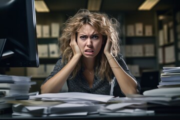 Blonde young Caucasian female accountant in office hell. She's swamped with work. She sits in the office at night at a table littered with documents. Burnout and overworking.