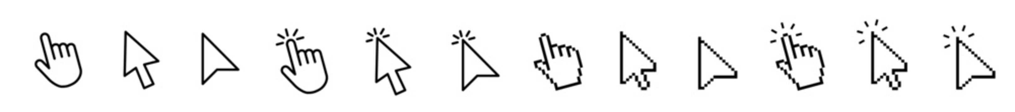 cursor icon set including arrow, hand pointer, click effect, hourglass, and magnifier icons. Classic UI cursor pack for web app interfaces and digital design. Vector illustration collection.