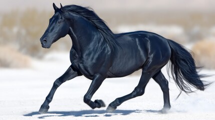Fototapeta premium A black horse runs swiftly across a snowy landscape, showcasing power and grace in motion