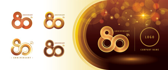 Set of 80th Anniversary logotype design, Eighty years Anniversary Celebrating Logo. Abstract Infinity Round number 80, Infinity loop logo, Gold Infinity multiple Rounded line