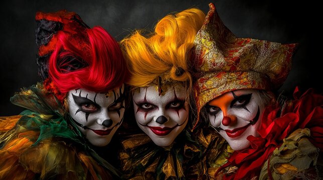 Three creepy clowns stand together, showcasing colorful costumes and sinister makeup against a dark background.
