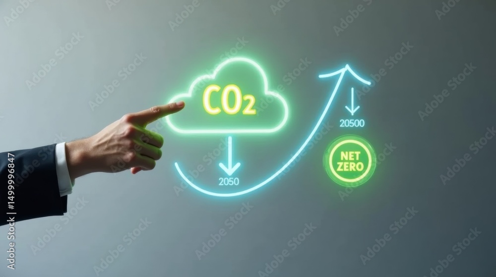 Poster hand pointing to a graphic depicting co2 reduction towards net zero by 2050.