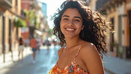 Retrato Urbano de Mujer Joven Sonriente con Ropa Veraniega