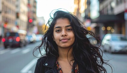 Retrato Urbano Dinámico de Mujer Joven con Atuendo Casual