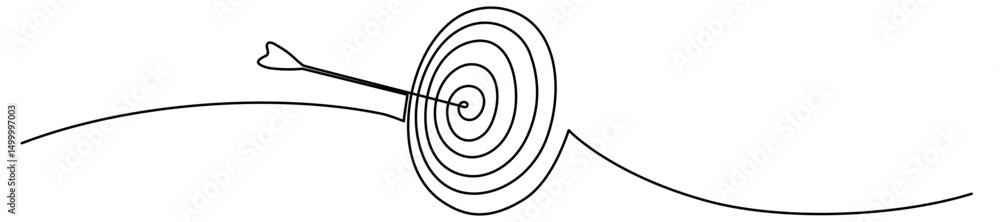 Poster continuous line drawing of target with arrow. business strategy concept. hand drawn linear goal circ