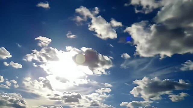 Low-angle timelapse shot of a bright sun shining through a vibrant blue summer sky filled with dynamic, fluffy white clouds.