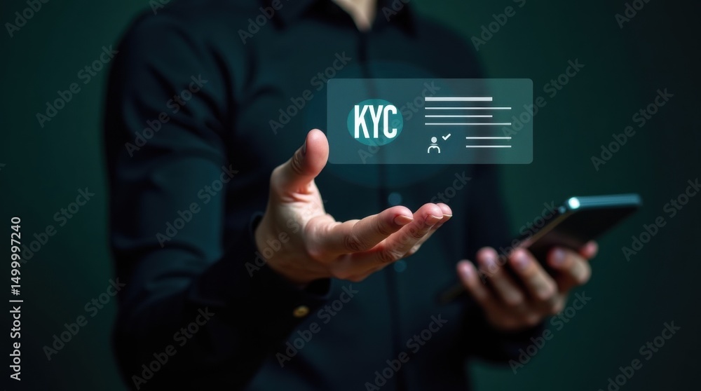 Poster person displaying a digital kyc form on a touch screen.