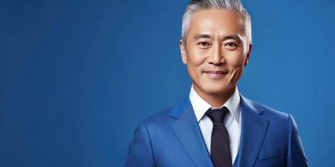 Portrait of a smiling grey haired Asian middle aged businessman in a blue suit. Photo with copy space on blue background.