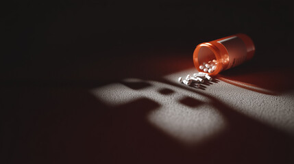 Medicine overdose concept with overturned bottle and pills symbolizing overdose risk