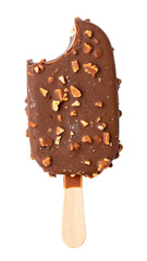 bitten brown popsicle with nuts isolated on transparent background, png