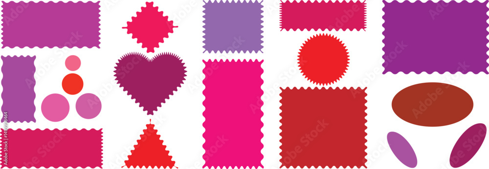 Poster zig zag wavy edge rectangle, oval, circle stickers set. vector jagged geometric shapes. colorful zig
