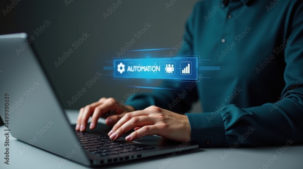 Poster person working on a laptop with a digital automation interface.